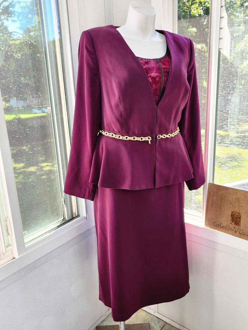 Midnight Velvet Berry Peplum Gold Chain Belr & Straught Skirt Suit Set